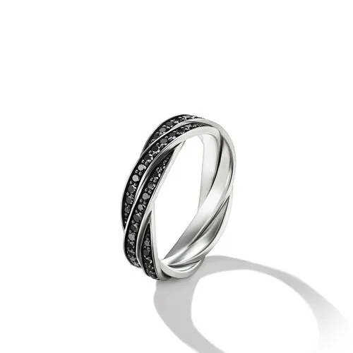 DY Helios Band Ring in Sterling Silver with Pavé Black Diamonds, Size 10
