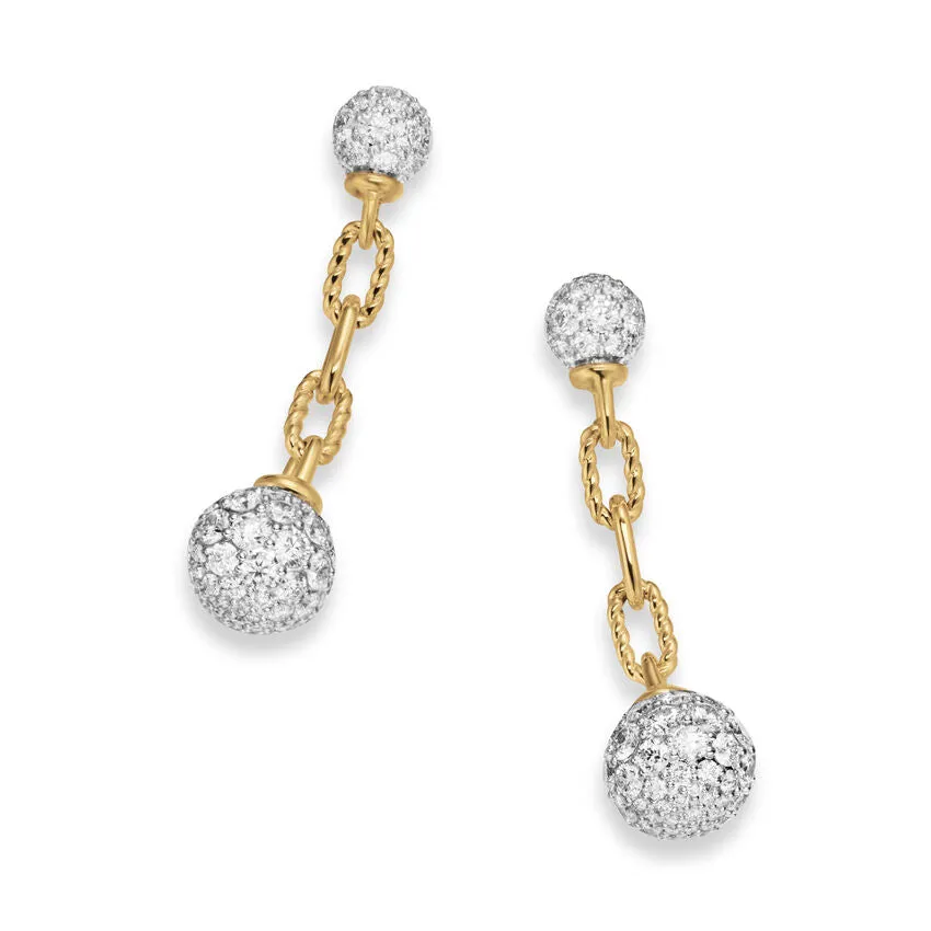 DY Madison Pavé Bead Drop Earrings in 18K Yellow Gold with Diamonds, 33mm