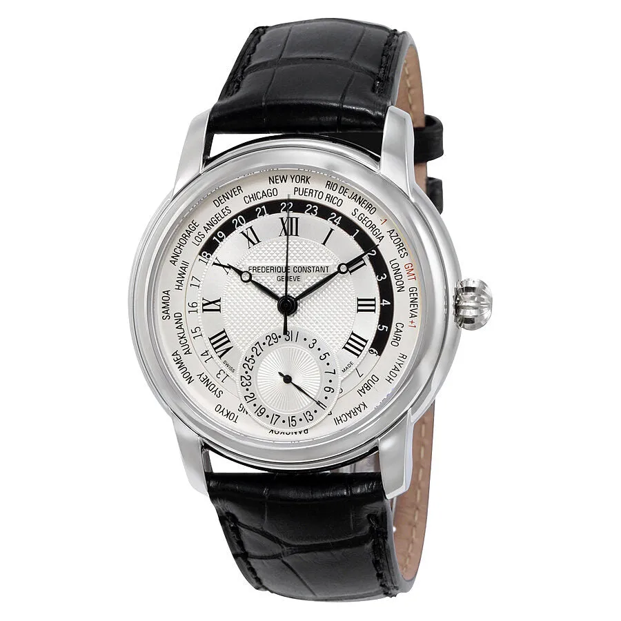 Frederique Constant Worldtimer Silver Dial Black Leather Men's Watch FC-718MC4H6