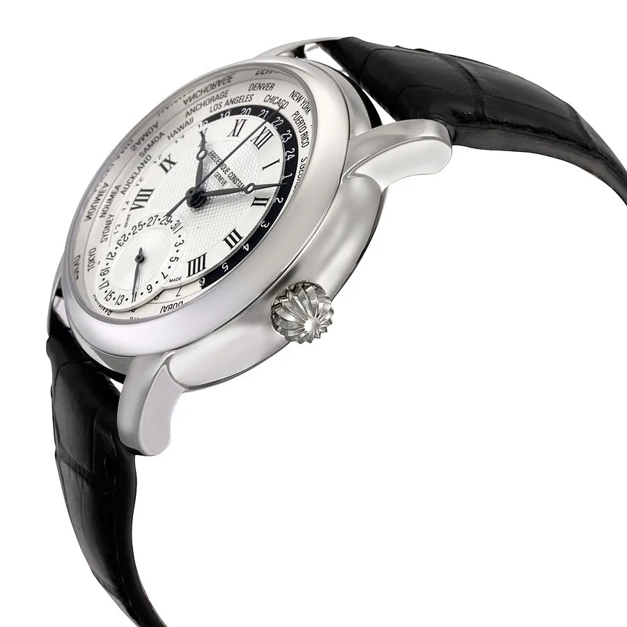 Frederique Constant Worldtimer Silver Dial Black Leather Men's Watch FC-718MC4H6