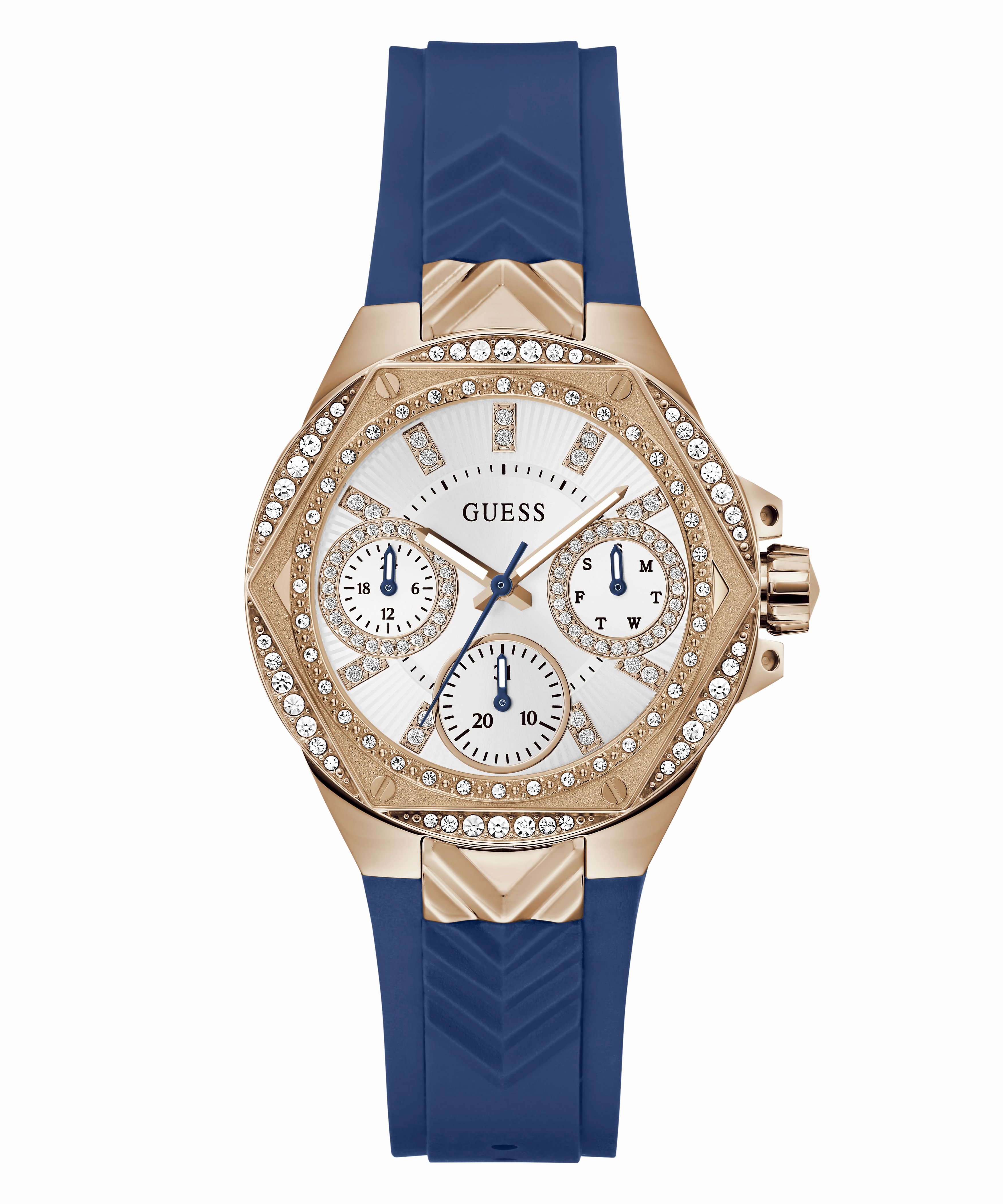 GUESS Ladies Blue Rose Gold Tone Multi-function Watch