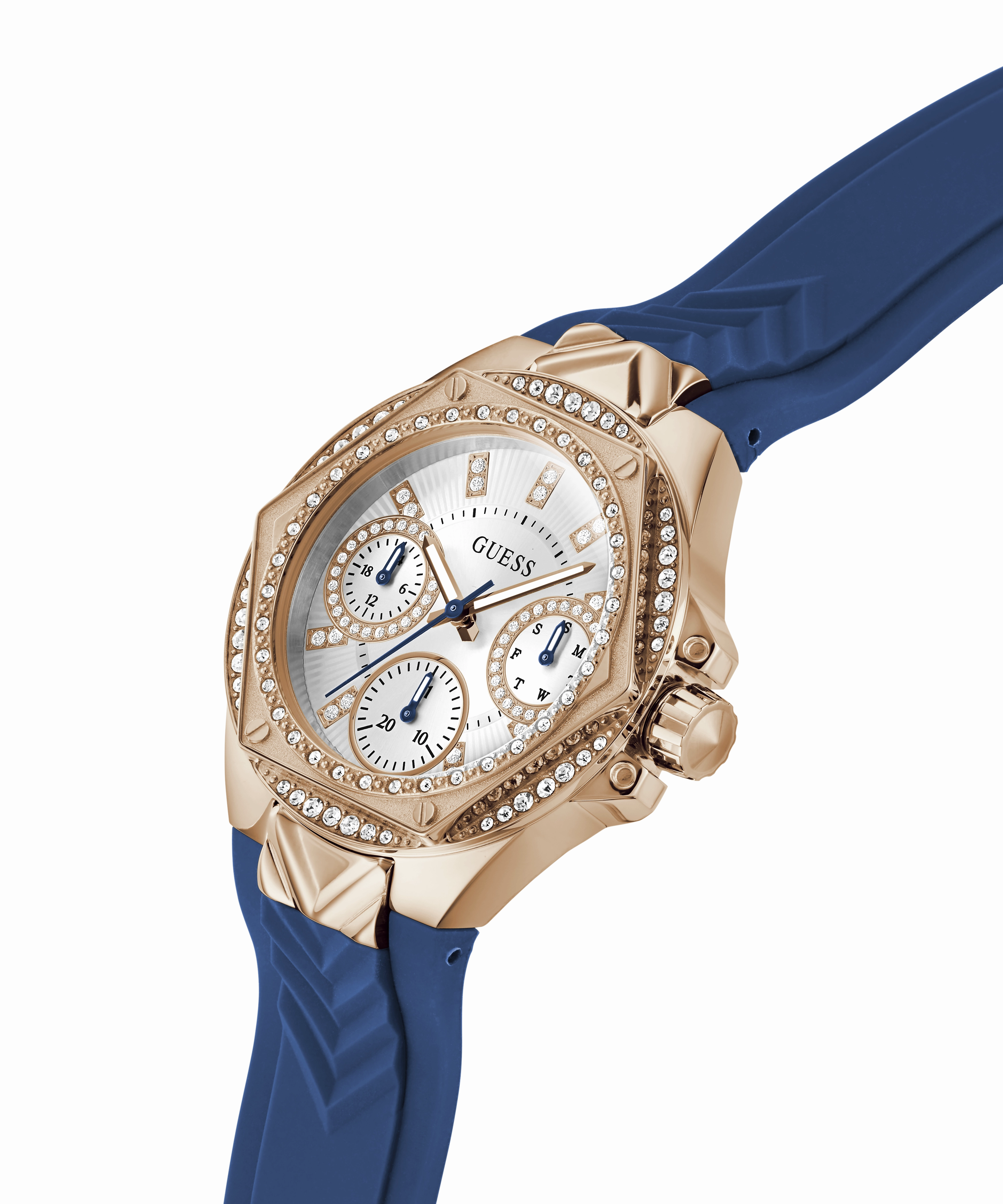 GUESS Ladies Blue Rose Gold Tone Multi-function Watch