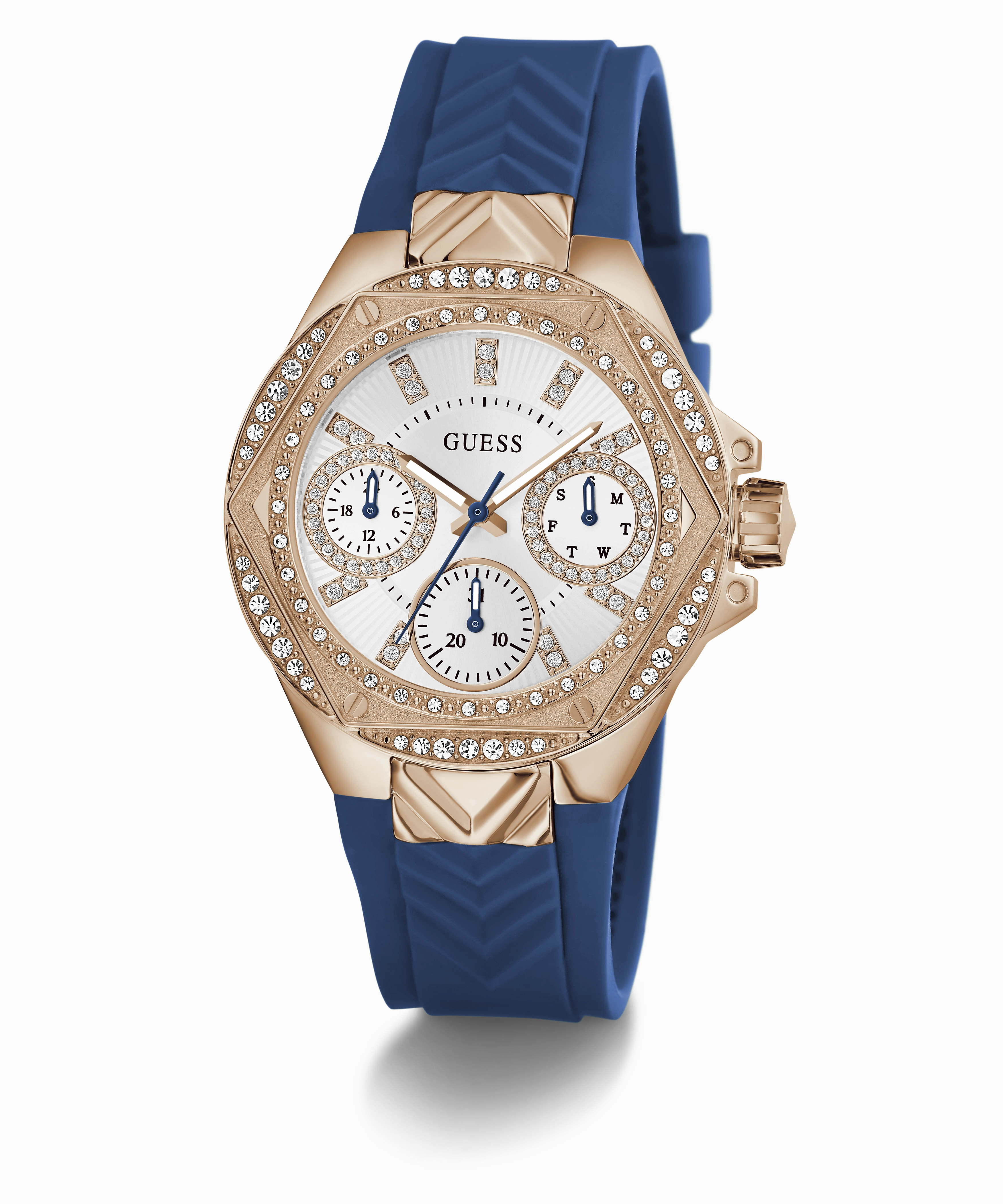 GUESS Ladies Blue Rose Gold Tone Multi-function Watch