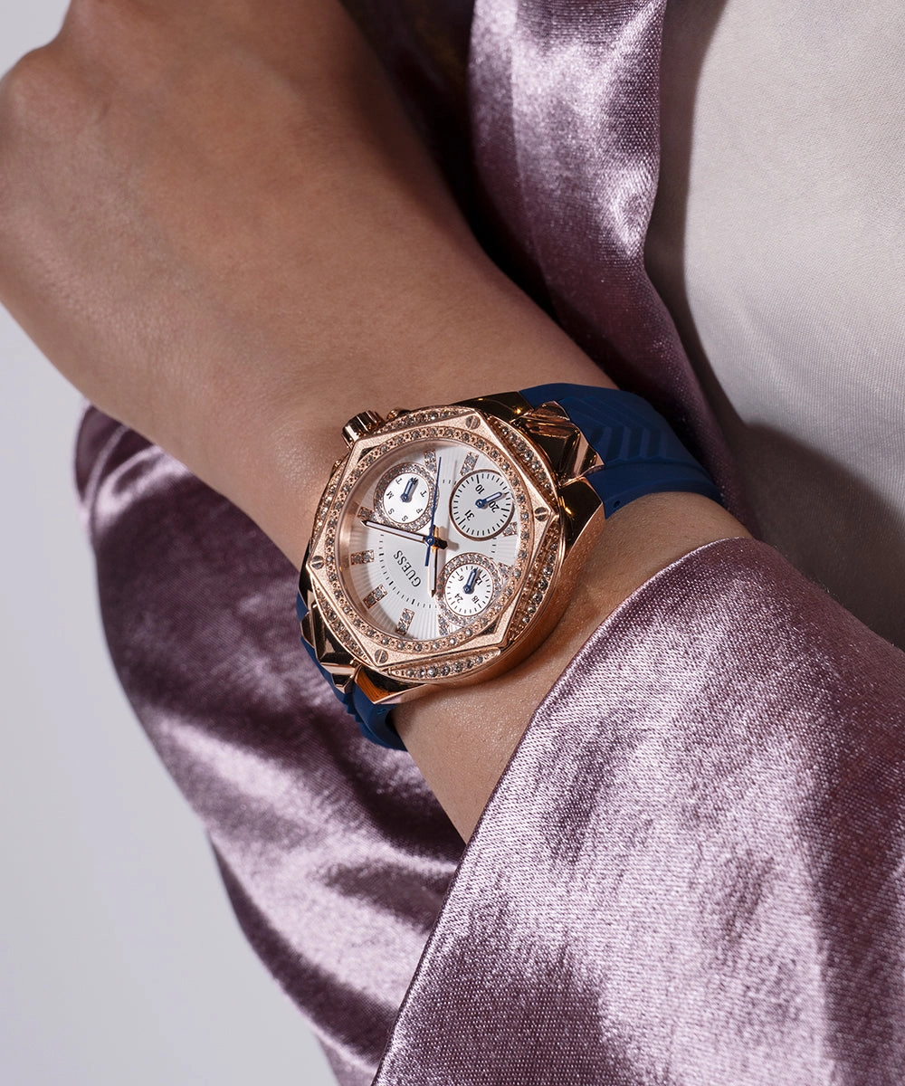 GUESS Ladies Blue Rose Gold Tone Multi-function Watch