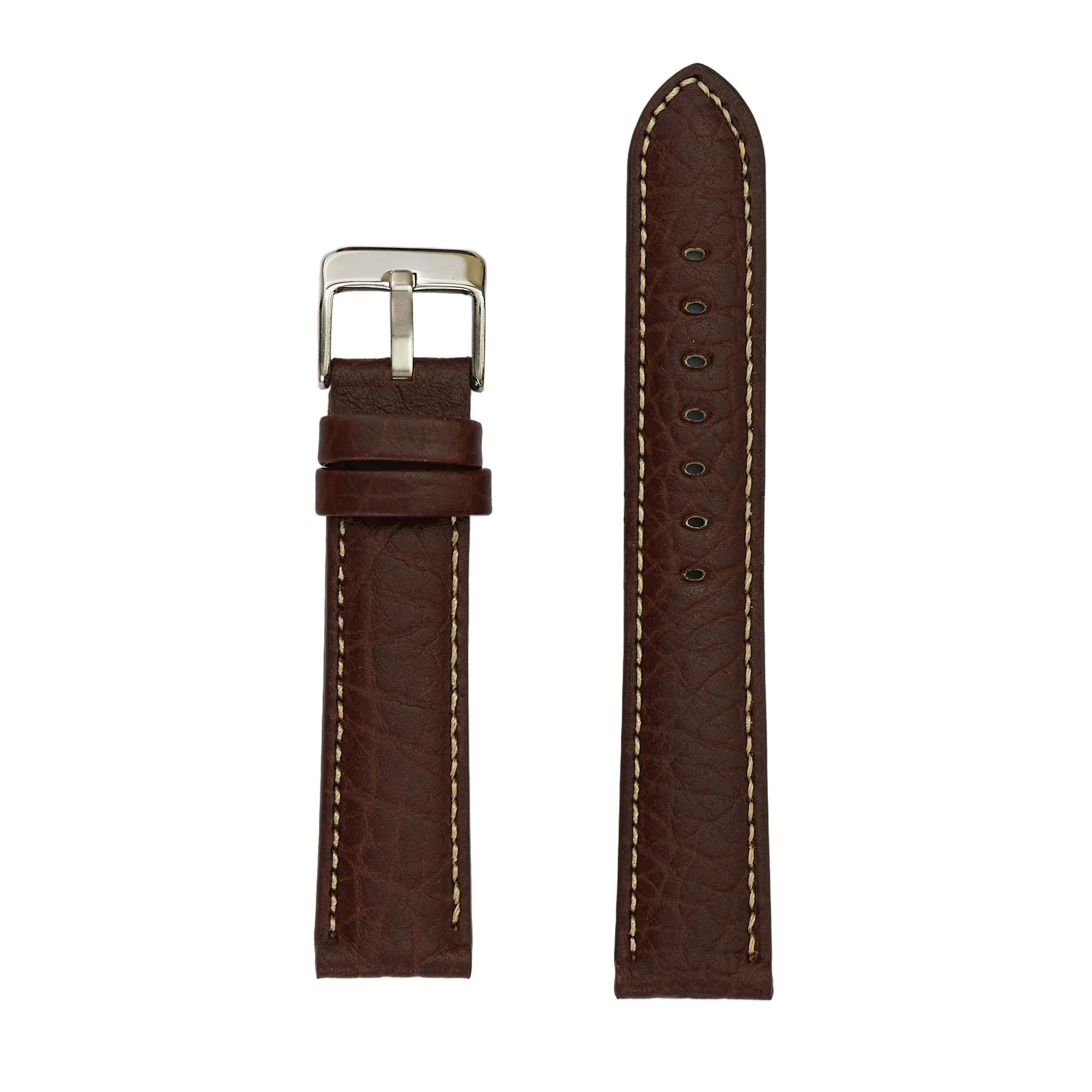 Men's Genuine Shrunken Grain Leather Watch Band, Silver Buckle - Brown