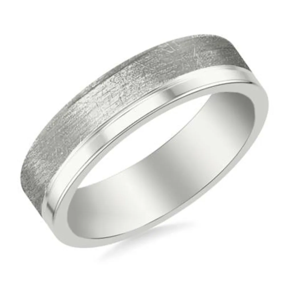 Men's Platinum 6mm Wedding Band with Crystaline and Polished Finishes