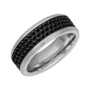 Men's Tungsten 8mm Triple Row Black Sapphire Wedding Band