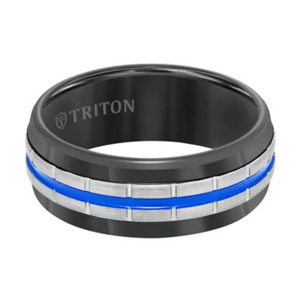Men's Tungsten Electric Blue Center Stripe Wedding Band