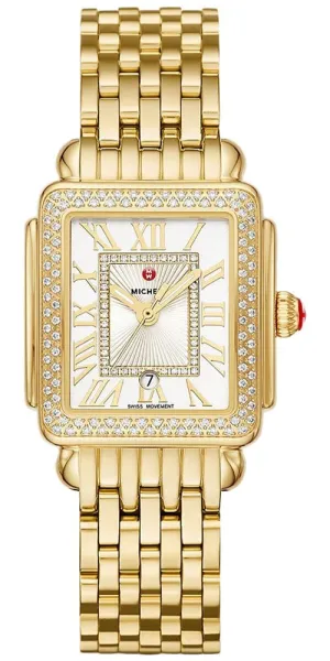 Michele Deco Madison Mid 18K Gold-Plated Steel Diamonds Silver Dial Date Rectangle Womens Watch MWW06G000003