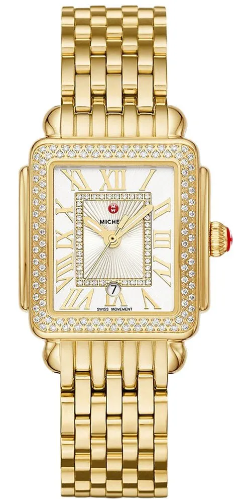 Michele Deco Madison Mid 18K Gold-Plated Steel Diamonds Silver Dial Date Rectangle Womens Watch MWW06G000003