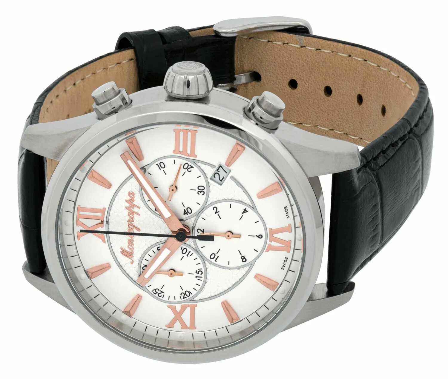 Montegrappa Fortuna Chronograph Date White Dial Black Leather Band Quartz Men's Watch IDFOWCLR