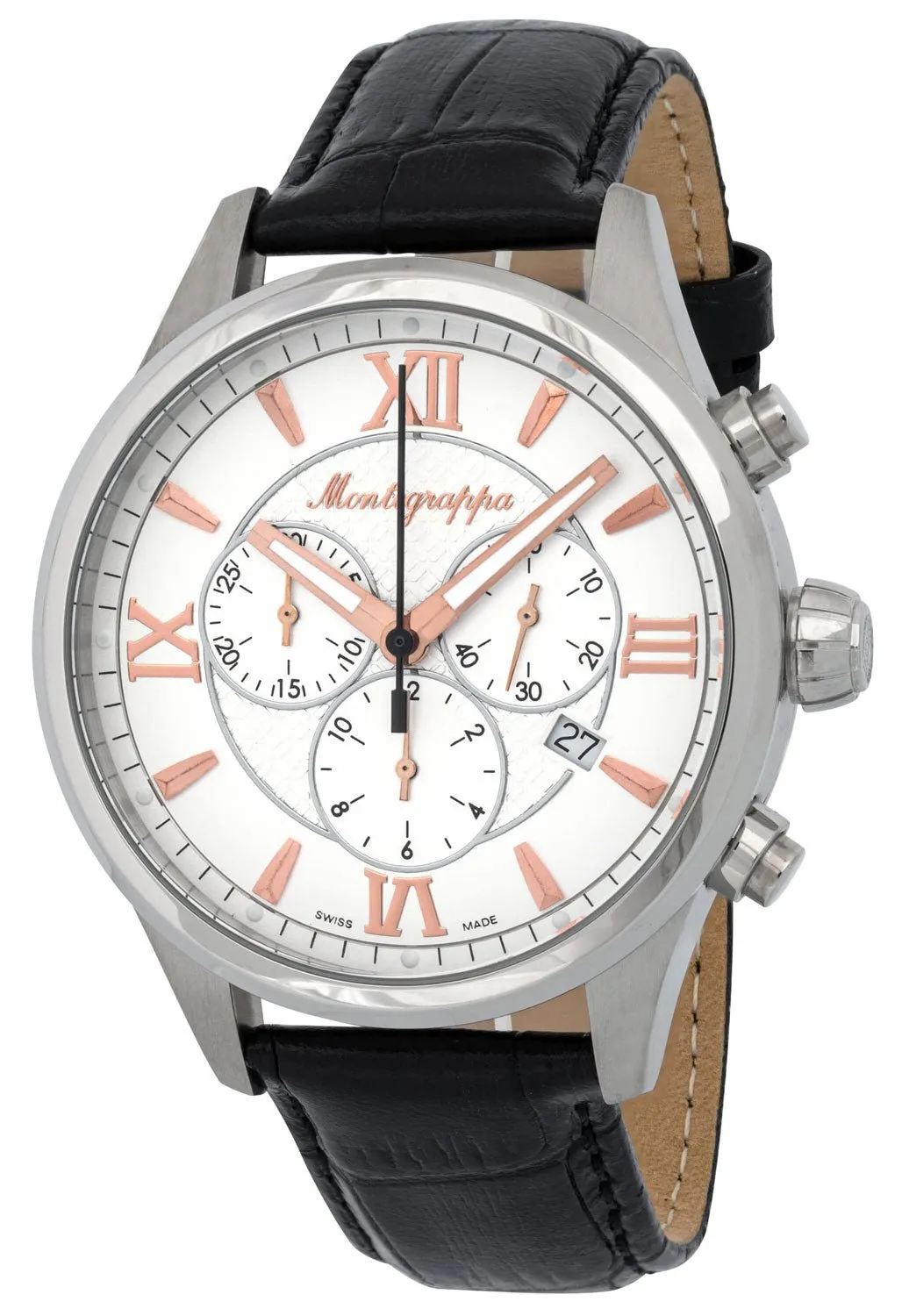 Montegrappa Fortuna Chronograph Date White Dial Black Leather Band Quartz Men's Watch IDFOWCLR