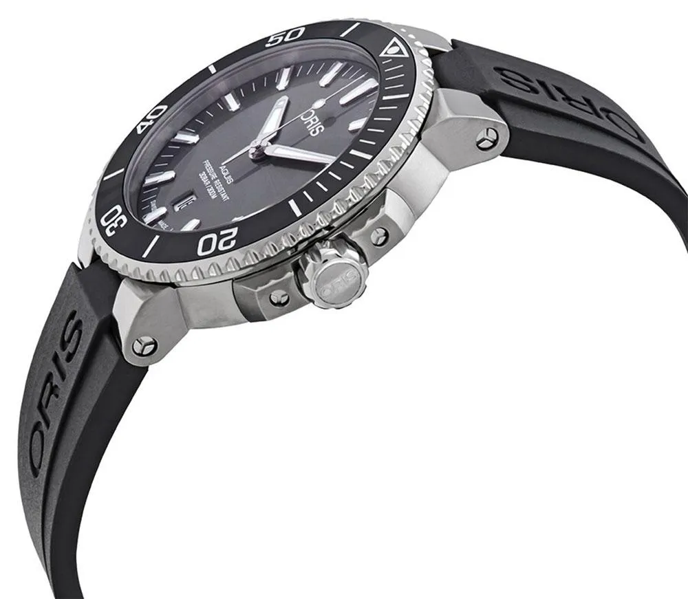 Oris Aquis Automatic Titanium Black Rubber Strap Grey Dial Date Divers Mens Watch 733 7730 7153-RS