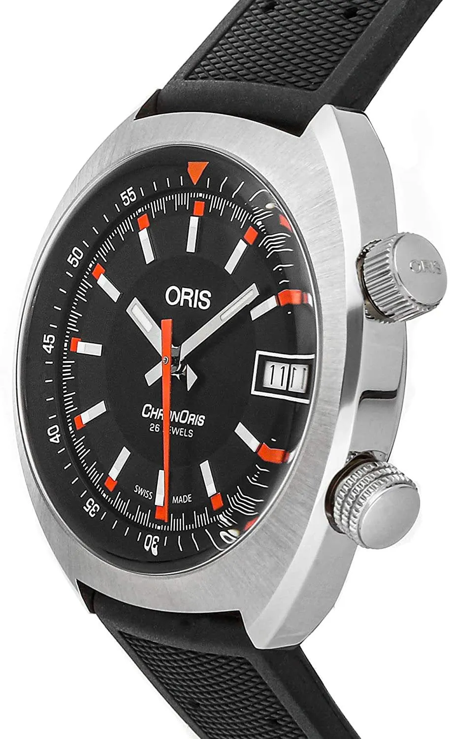 Oris Chronoris Automatic Stainless Steel Black Rubber Strap Black Dial Date Mens Watch 733 7737 4054-RS