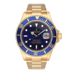 Rolex Submariner 16618 Blue Dial 18K Yellow Gold Mens Watch Box Papers