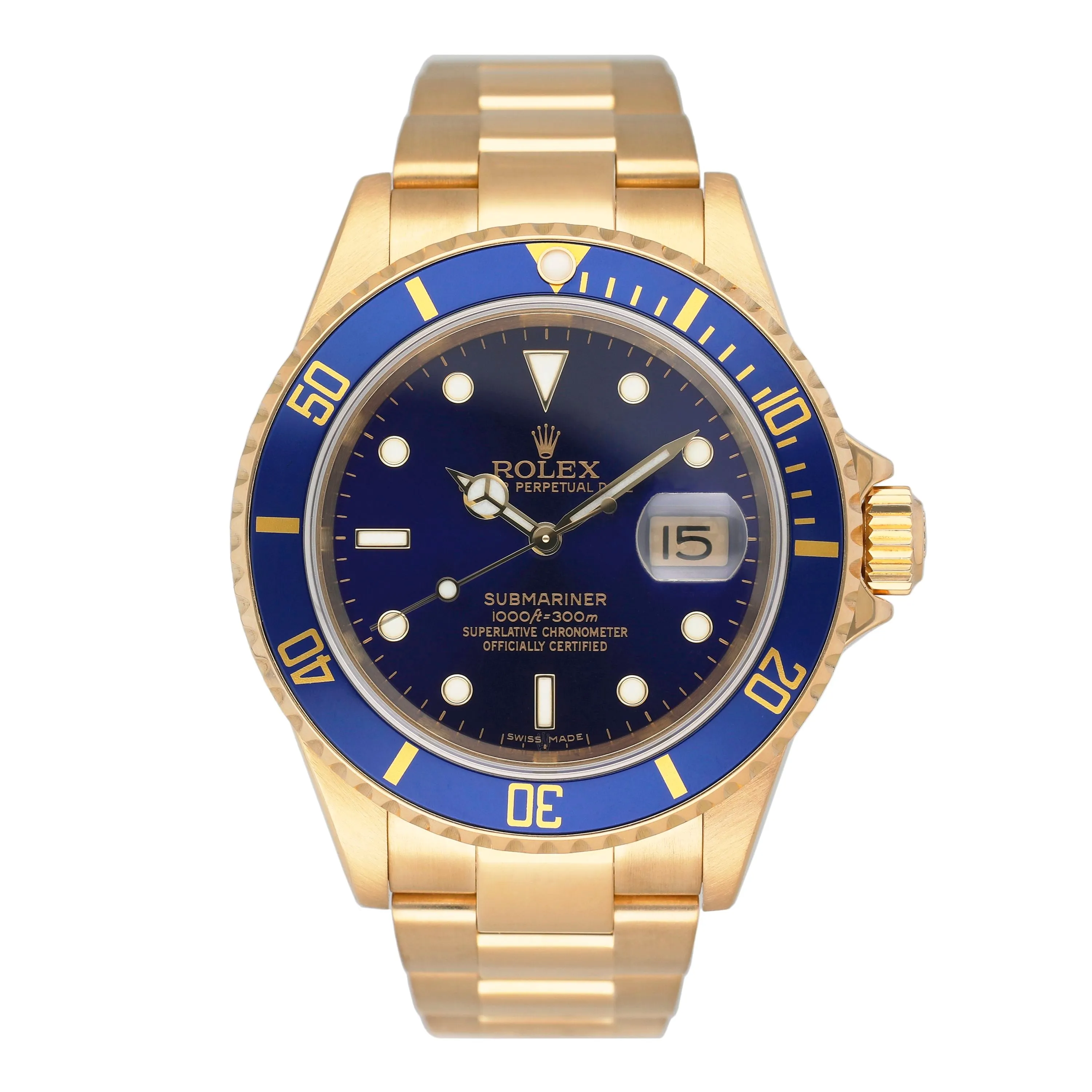 Rolex Submariner 16618 Blue Dial 18K Yellow Gold Mens Watch Box Papers