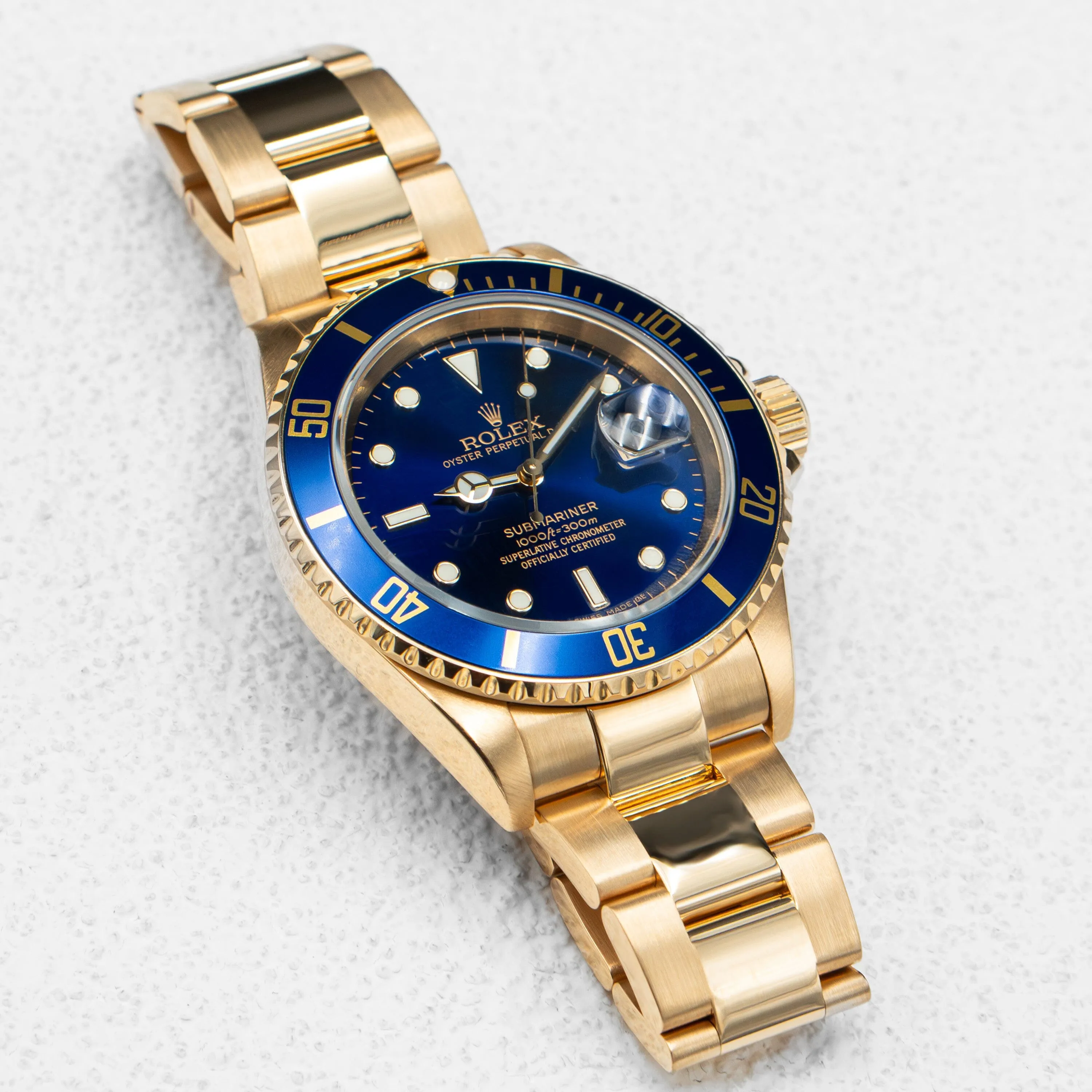 Rolex Submariner 16618 Blue Dial 18K Yellow Gold Mens Watch Box Papers
