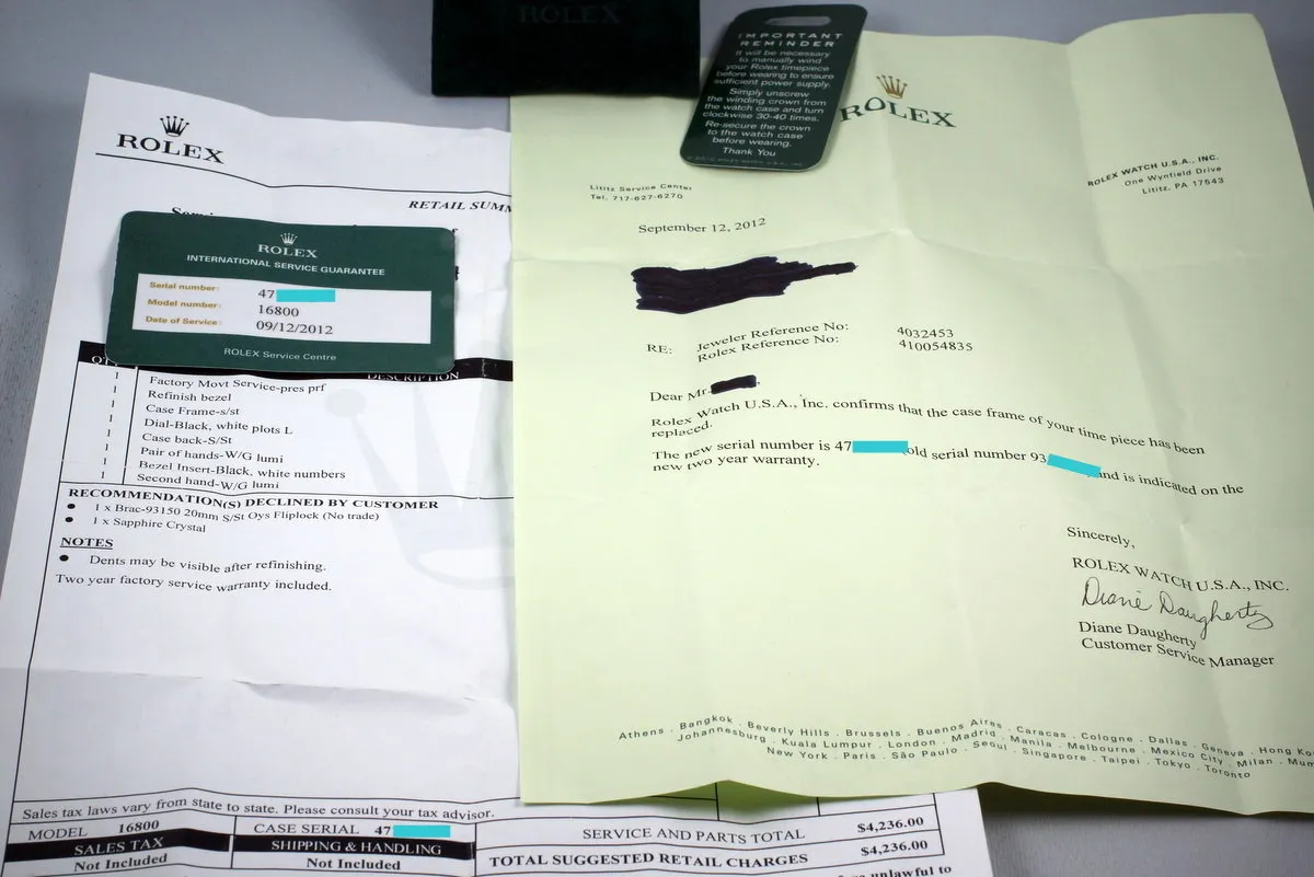 Rolex Submariner 16800 Service Case with RSC Papers