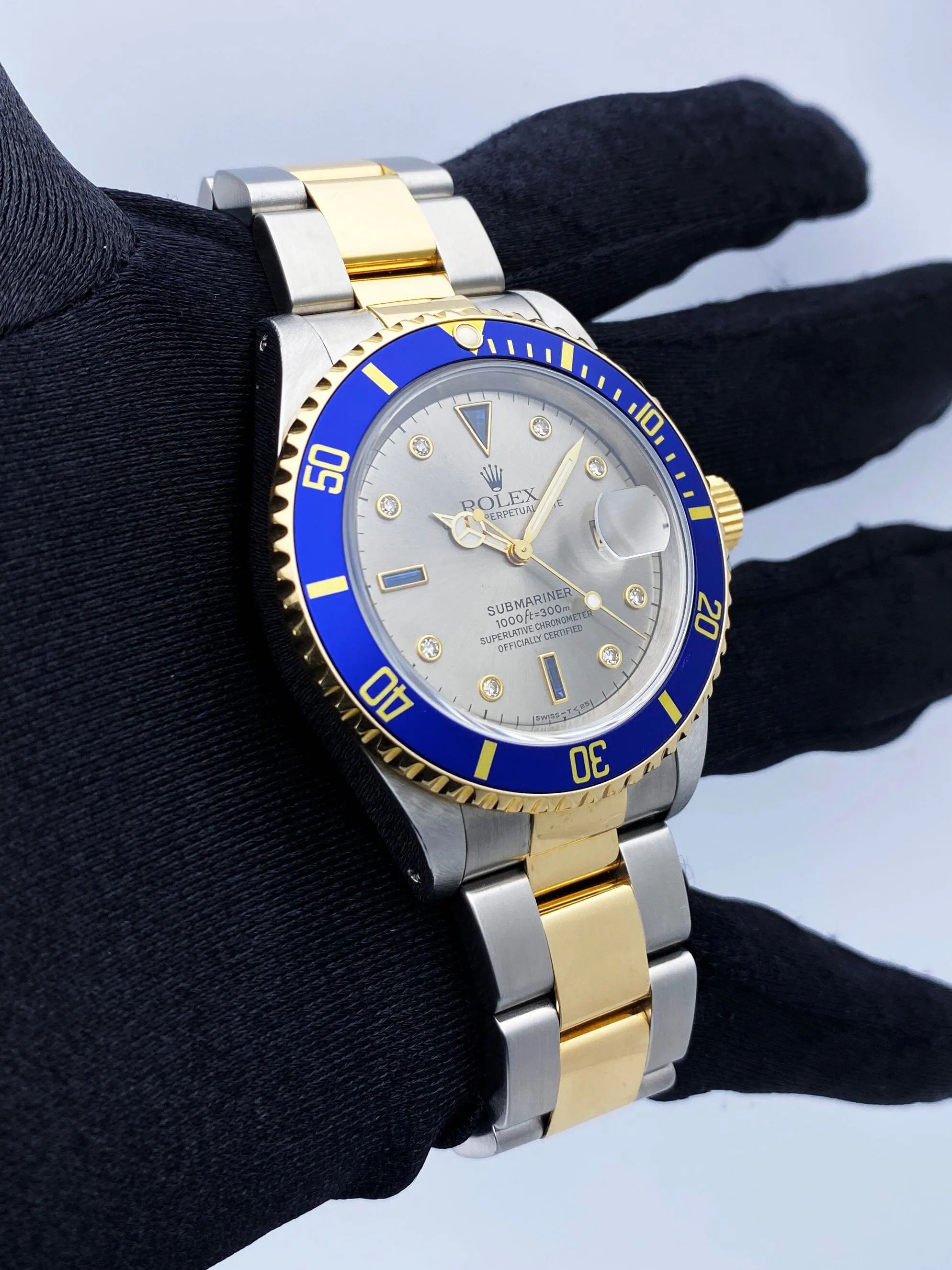 Rolex Submariner Date 16613 Serti Silver Dial Mens Watch