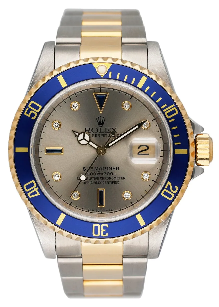 Rolex Submariner Date 16613 Serti Silver Dial Mens Watch