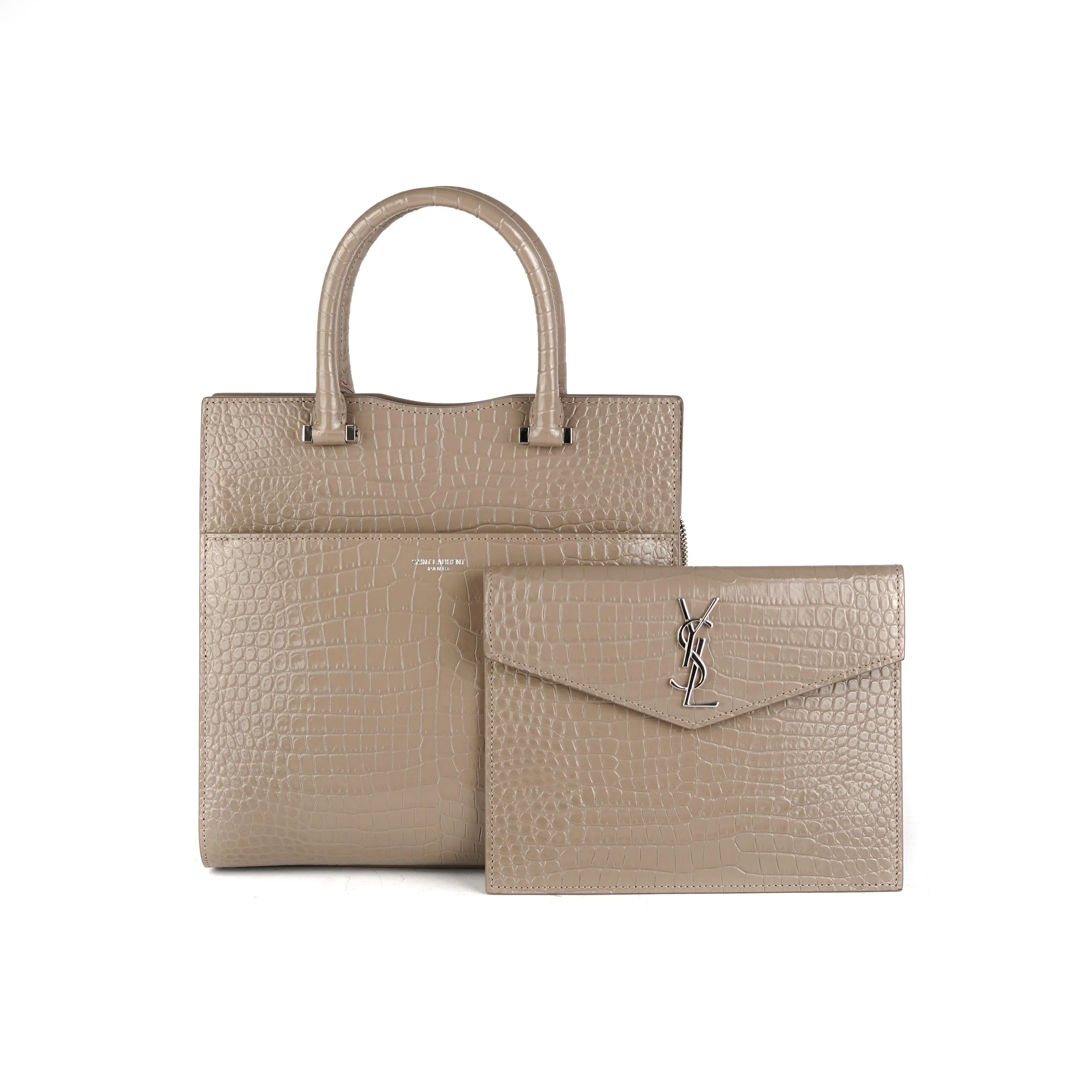 Saint Laurent Uptown Croc-Leather Tote Small Taupe