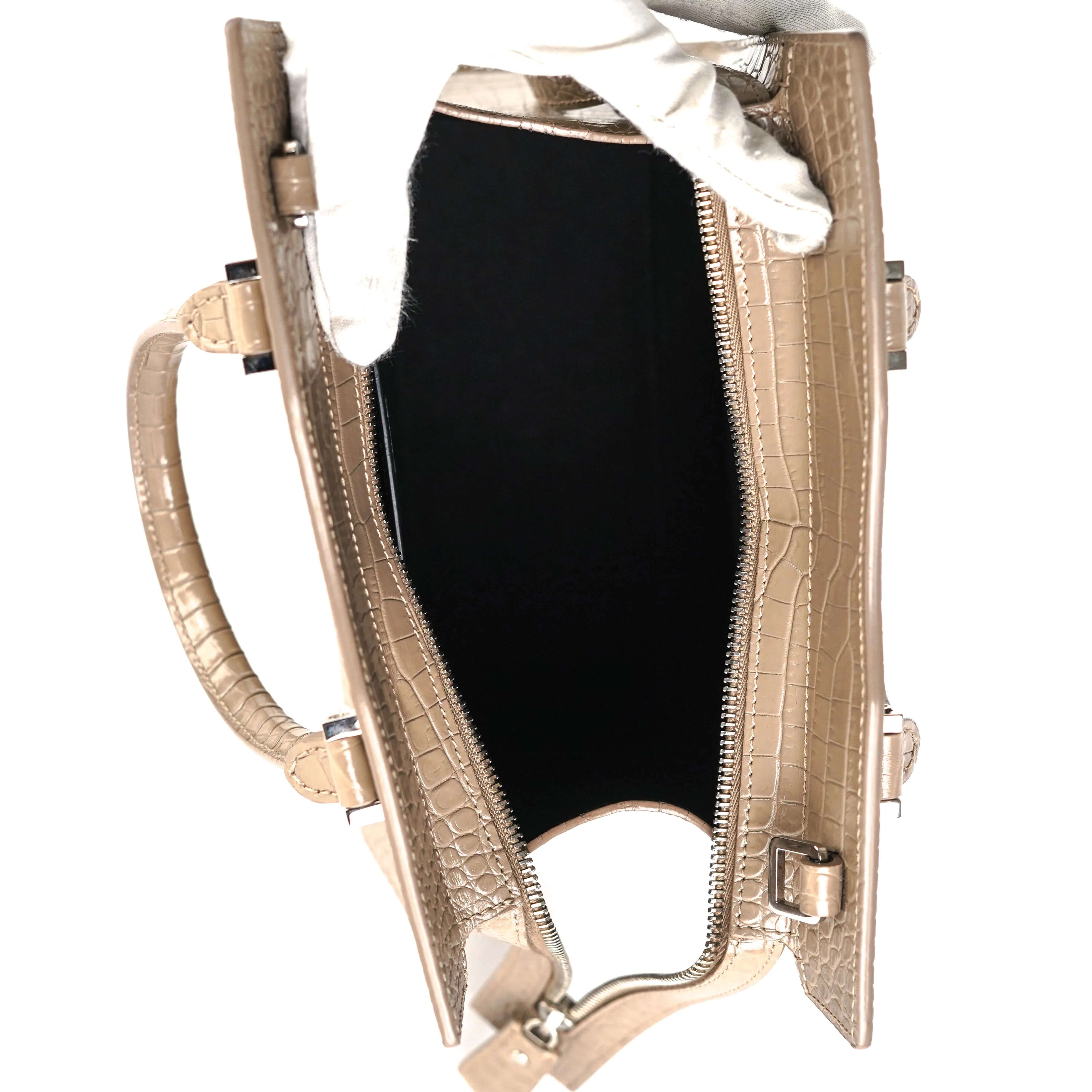Saint Laurent Uptown Croc-Leather Tote Small Taupe