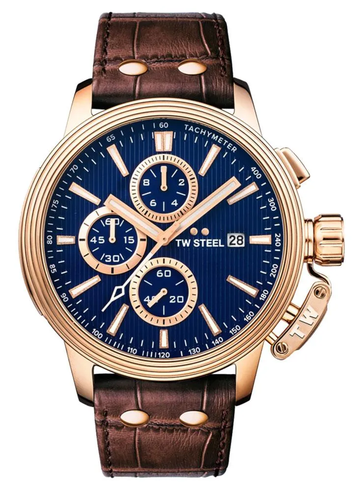 TW Steel Ceo Adesso Chronograph Rose Gold PVD Brown Leather Strap Blue Dial Quartz Date Mens Watch CE7018