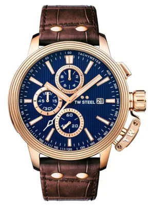 TW Steel Ceo Adesso Chronograph Rose Gold PVD Brown Leather Strap Blue Dial Quartz Date Mens Watch CE7018