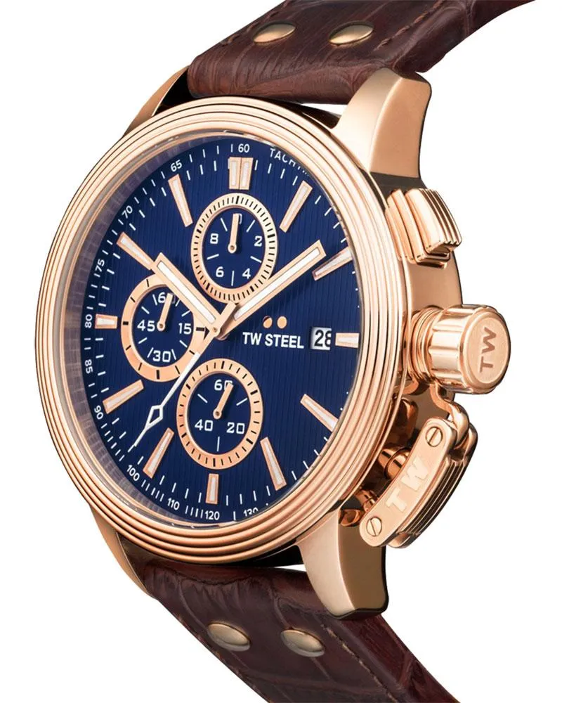 TW Steel Ceo Adesso Chronograph Rose Gold PVD Brown Leather Strap Blue Dial Quartz Date Mens Watch CE7018