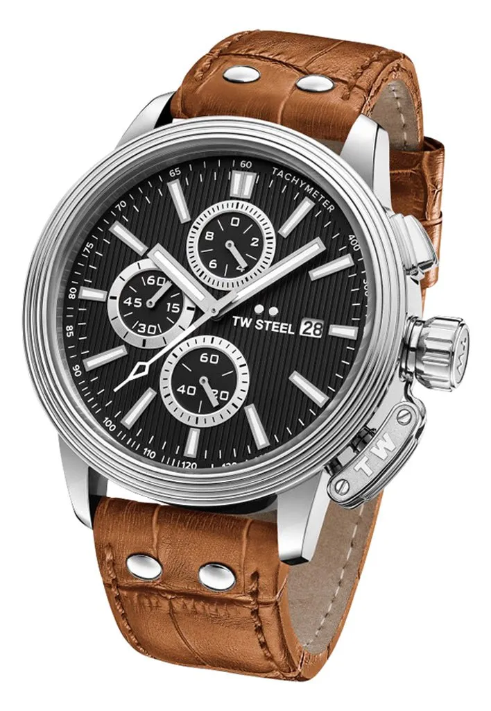 TW Steel CEO Adesso Chronograph Stainless Steel Black Dial Brown Leather Strap Date Quartz Mens Watch CE7003