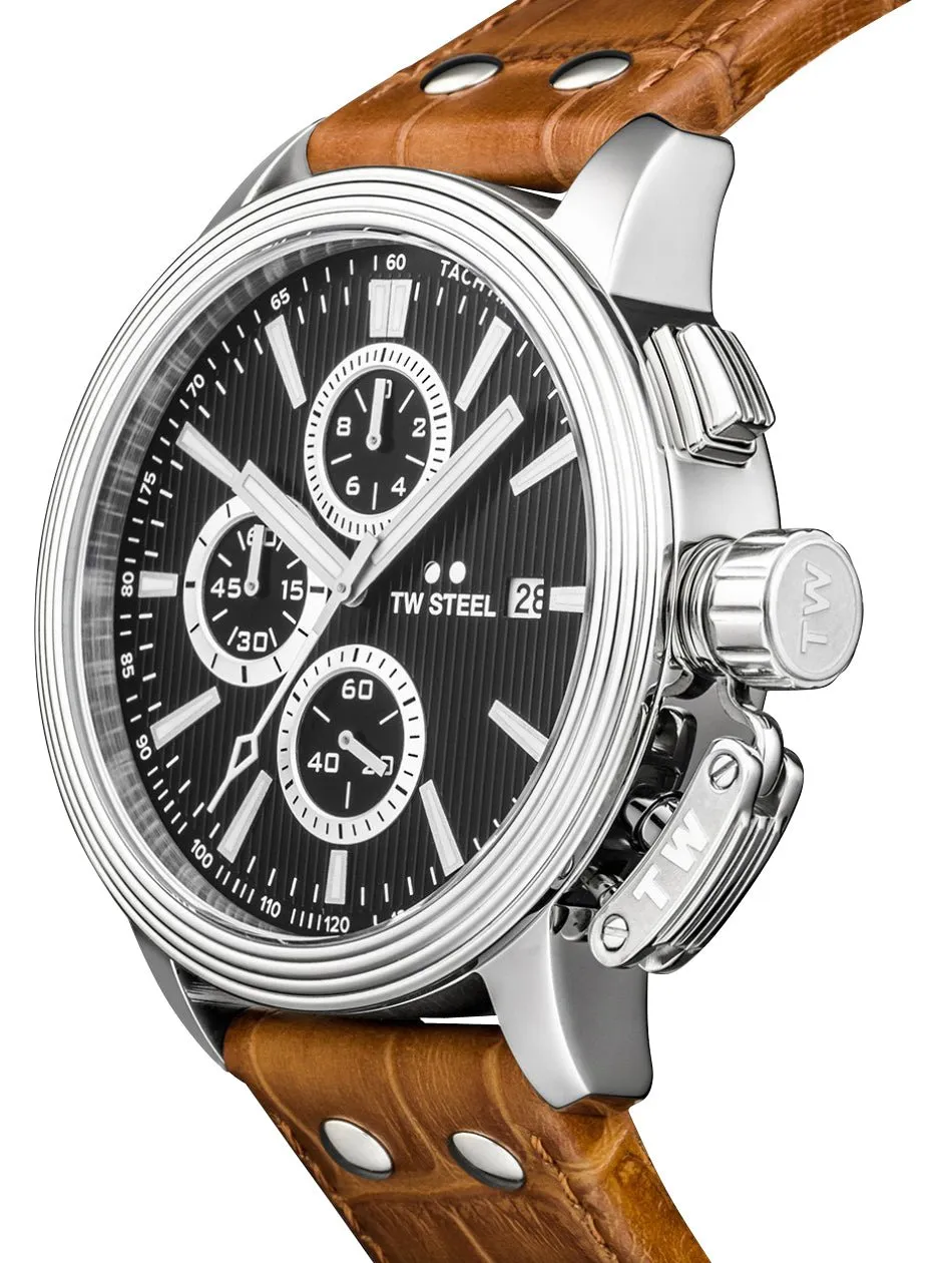 TW Steel CEO Adesso Chronograph Stainless Steel Black Dial Brown Leather Strap Date Quartz Mens Watch CE7003