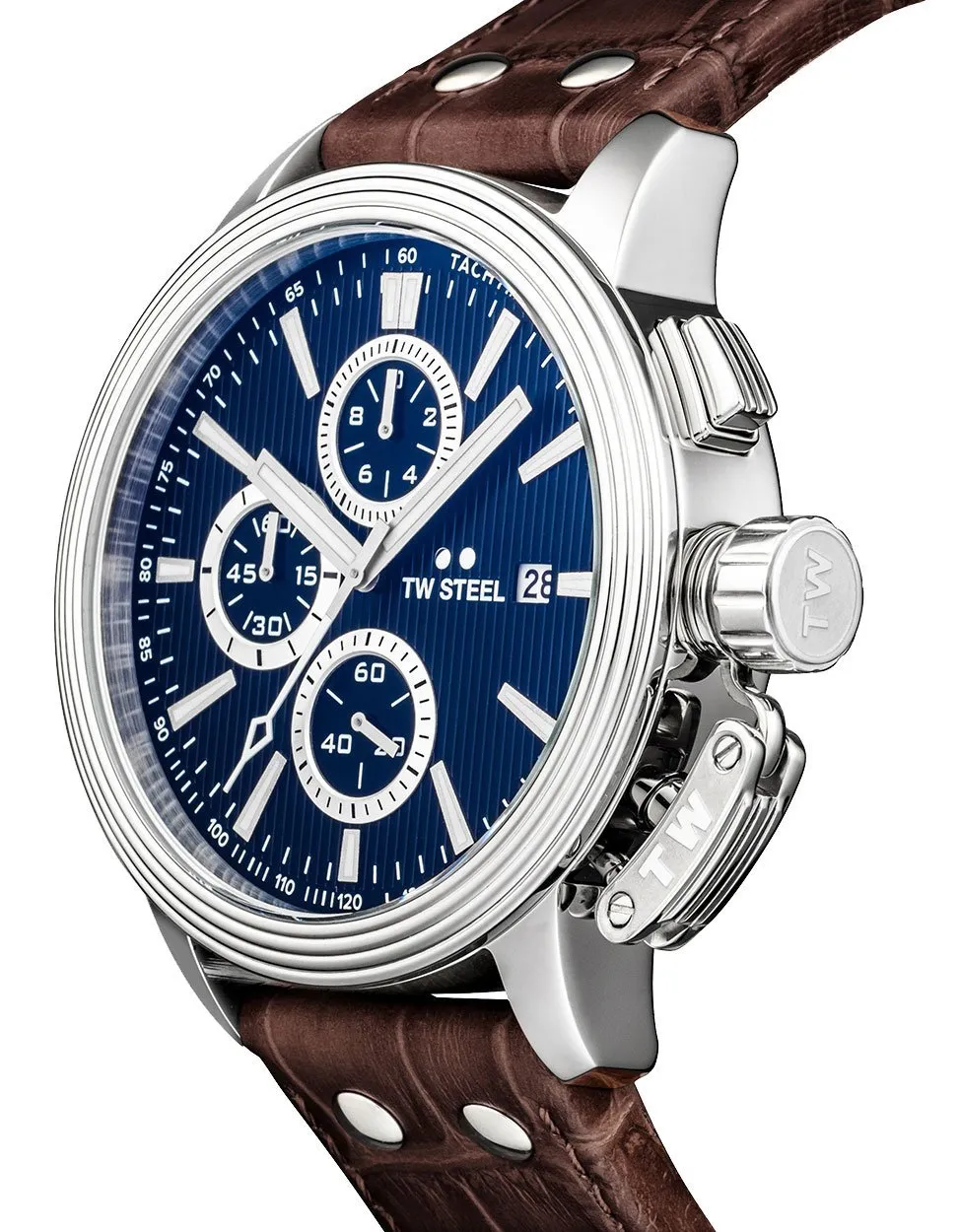TW Steel Ceo Adesso Chronograph Stainless Steel Brown Leather Strap Blue Dial Quartz Date Mens Watch CE7010