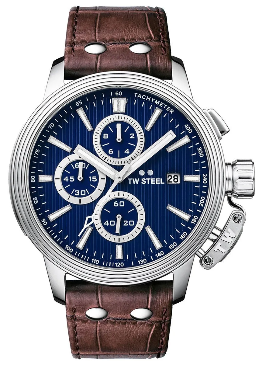 TW Steel Ceo Adesso Chronograph Stainless Steel Brown Leather Strap Blue Dial Quartz Date Mens Watch CE7010