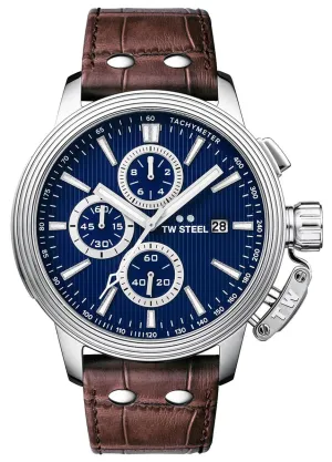 TW Steel Ceo Adesso Chronograph Stainless Steel Brown Leather Strap Blue Dial Quartz Date Mens Watch CE7010