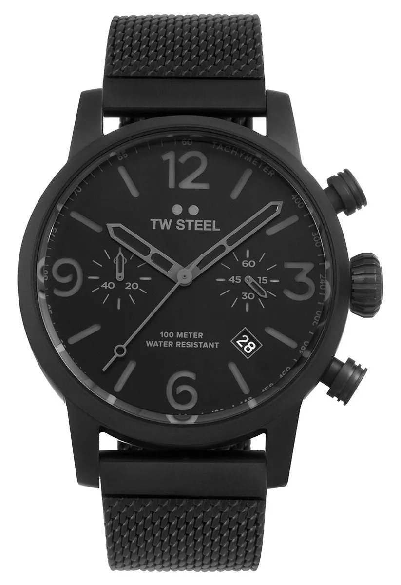 TW Steel Maverick Chronograph Black Dial Black PVD Mesh Band Date Quartz Mens Watch MB33