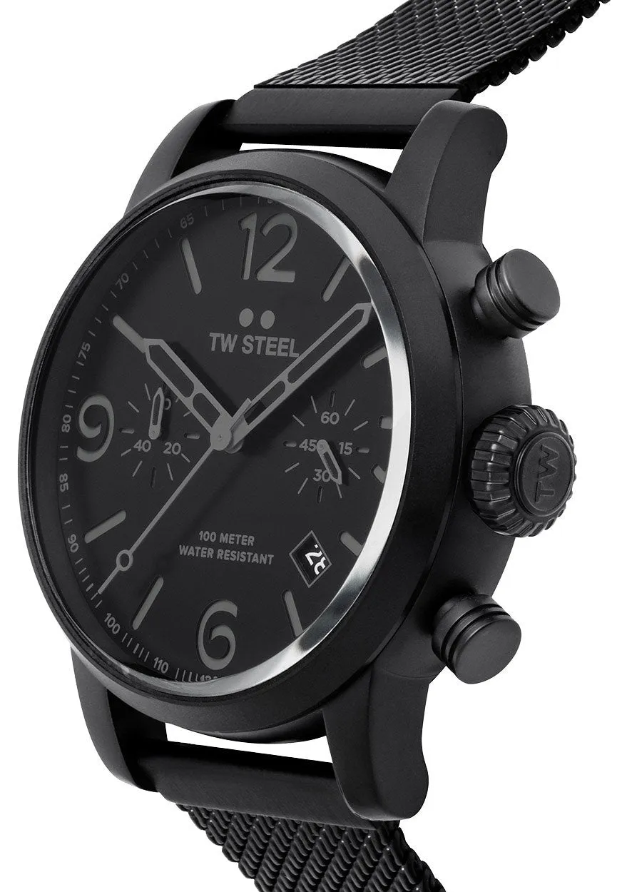 TW Steel Maverick Chronograph Black Dial Black PVD Mesh Band Date Quartz Mens Watch MB33