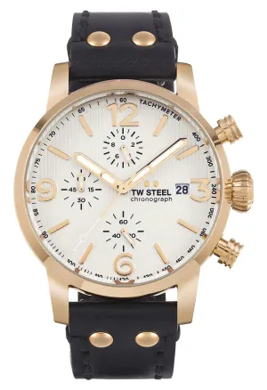 TW Steel Maverick Chronograph Rose Gold PVD White Dial Black Leather Strap Date Quartz Mens Watch MS73