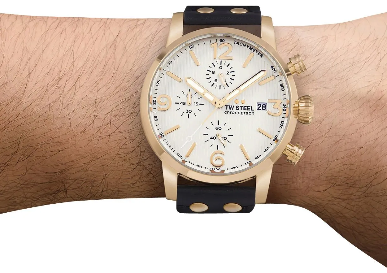 TW Steel Maverick Chronograph Rose Gold PVD White Dial Black Leather Strap Date Quartz Mens Watch MS73