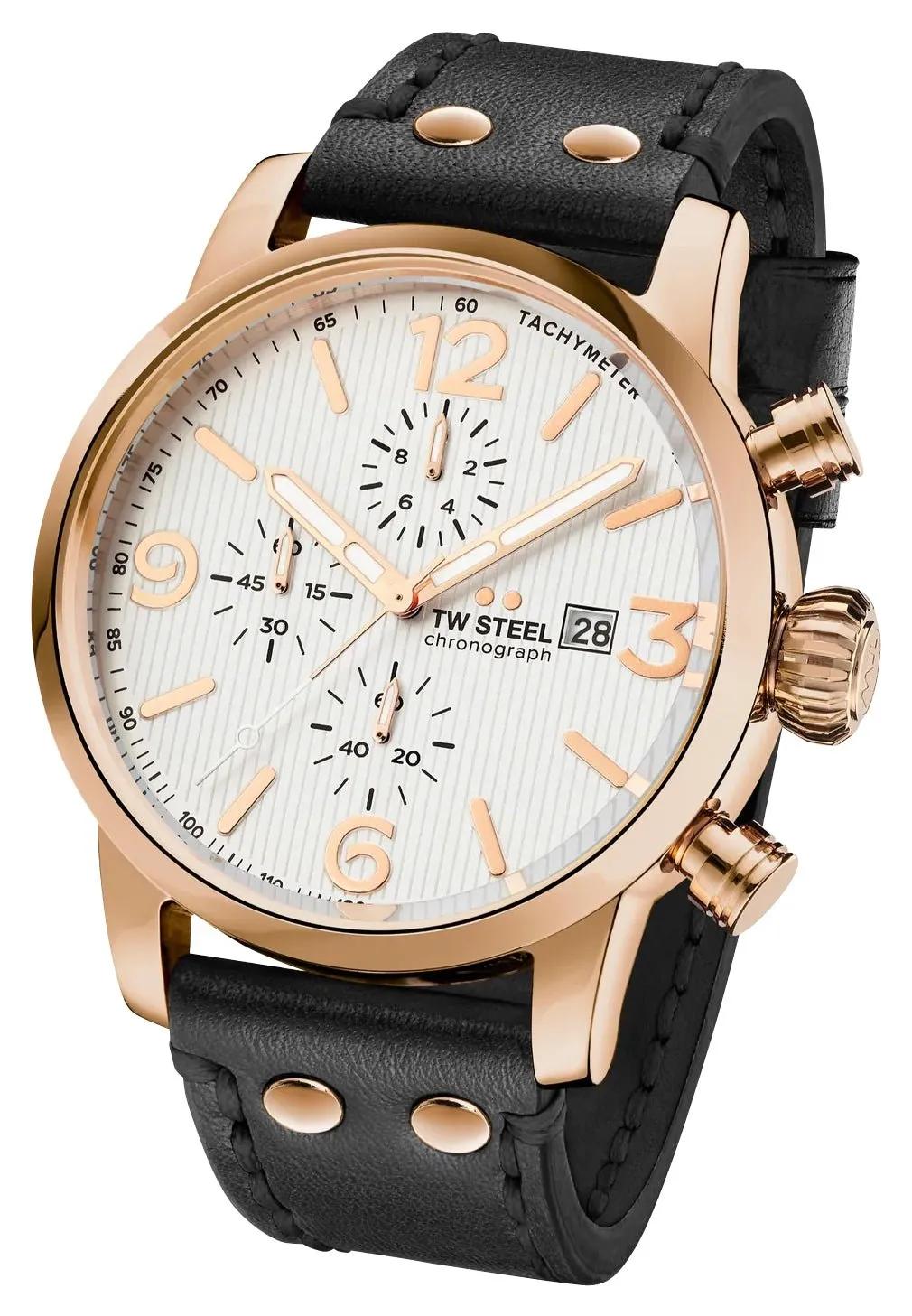 TW Steel Maverick Chronograph Rose Gold PVD White Dial Black Leather Strap Date Quartz Mens Watch MS73