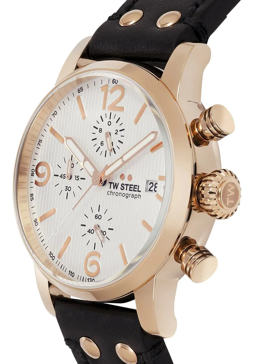 TW Steel Maverick Chronograph Rose Gold PVD White Dial Black Leather Strap Date Quartz Mens Watch MS73