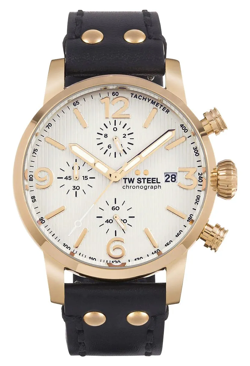 TW Steel Maverick Chronograph Rose Gold PVD White Dial Black Leather Strap Date Quartz Mens Watch MS73