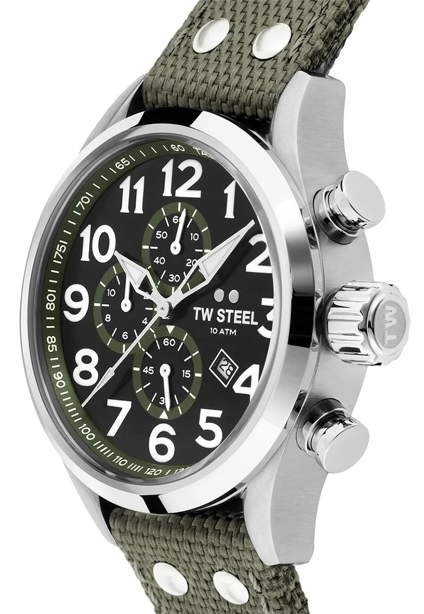 TW Steel Volante Chronograph Stainless Steel Green Textile Strap Black Dial Quartz Date Mens Watch VS23