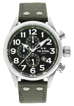 TW Steel Volante Chronograph Stainless Steel Green Textile Strap Black Dial Quartz Date Mens Watch VS23
