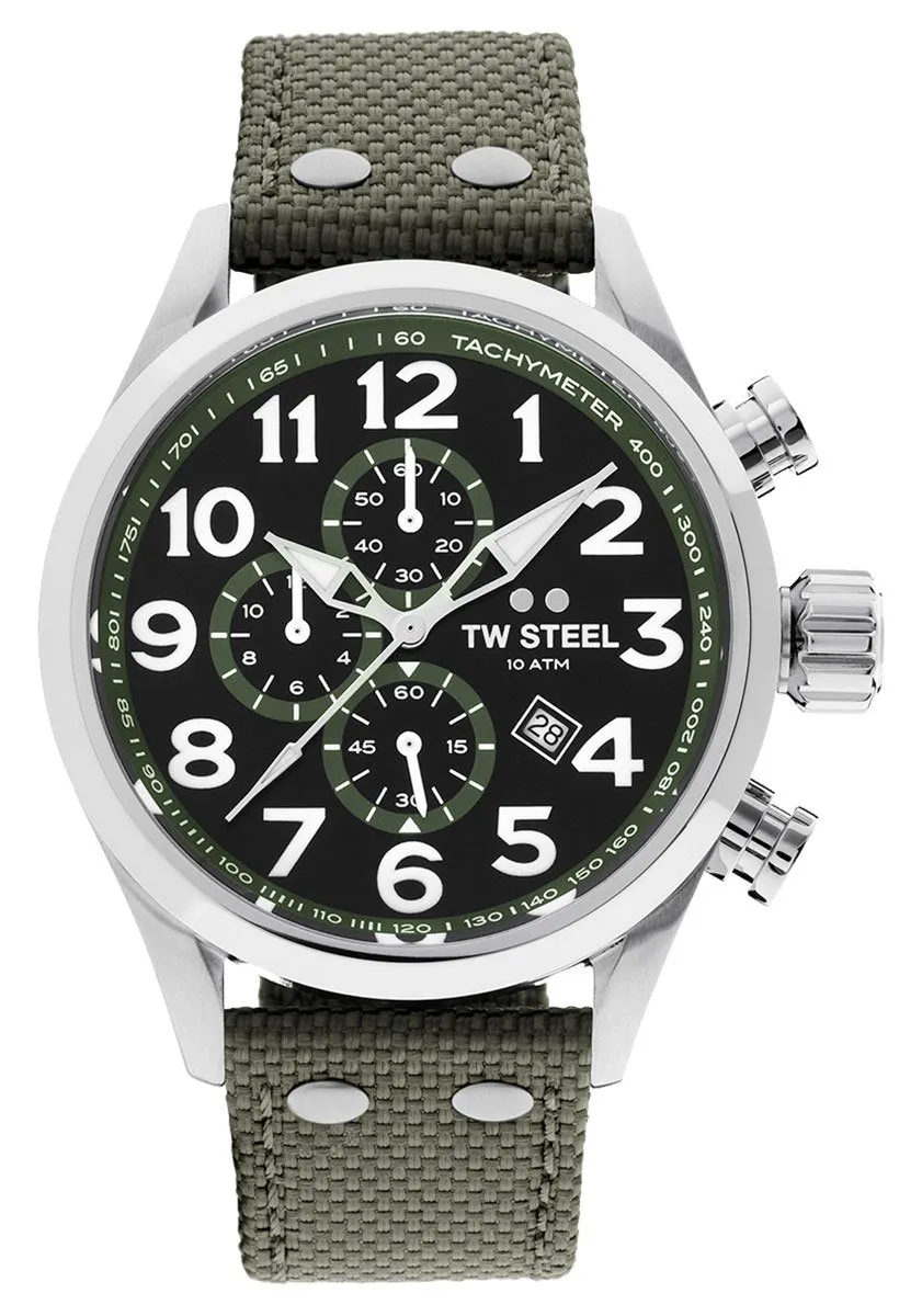 TW Steel Volante Chronograph Stainless Steel Green Textile Strap Black Dial Quartz Date Mens Watch VS23
