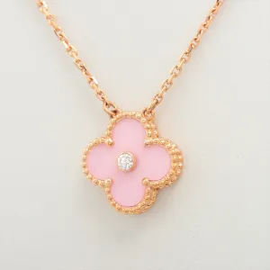 Van Cleef & Arpels Vintage Alhambra Pink Porcelain Sable diamond Necklace