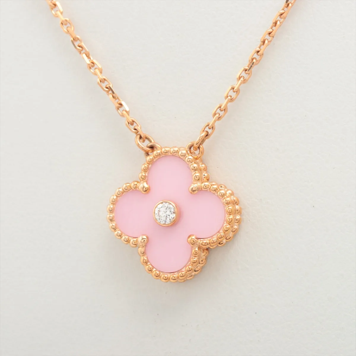 Van Cleef & Arpels Vintage Alhambra Pink Porcelain Sable diamond Necklace