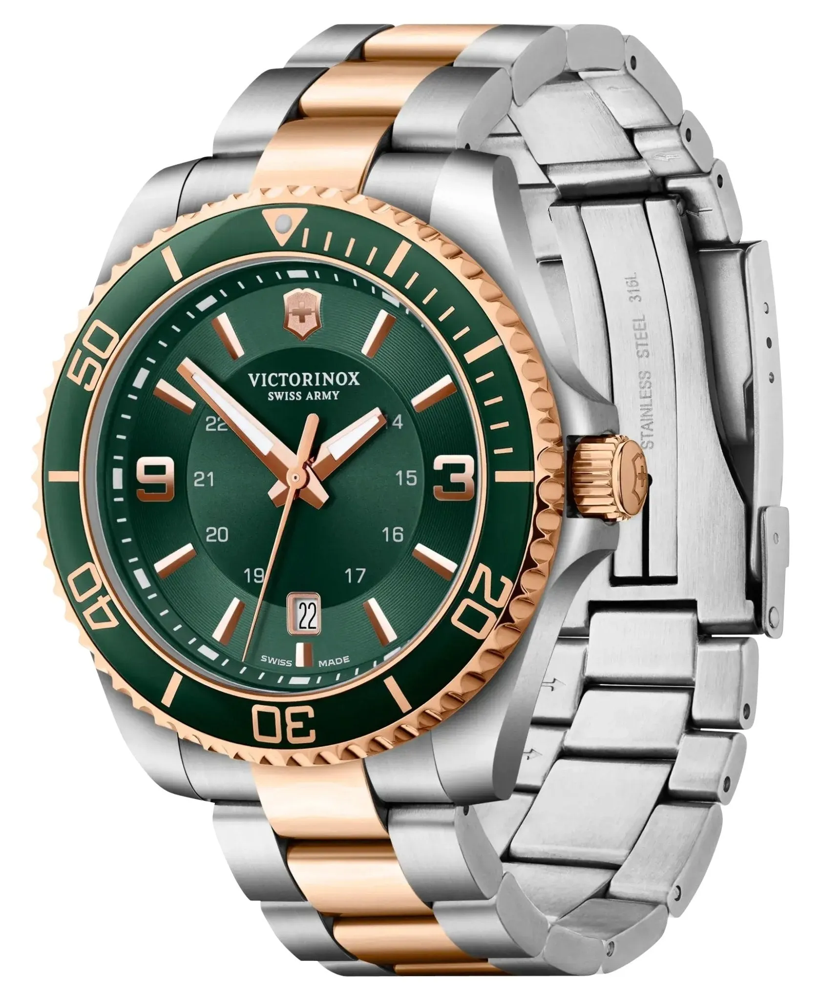 Victorinox Swiss Army Maverick Large Two-Tone Stainless Steel Green Dial Date Quartz Mens Watch 242008