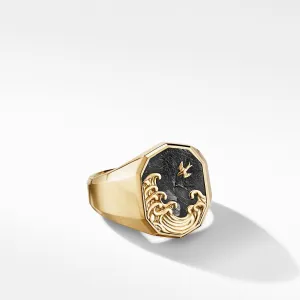Waves Signet Ring in 18K Yellow Gold with Forged Carbon