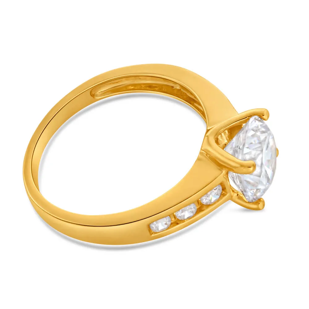 Zirconia Ring wtih 6 Channel Set Side Zirconias in 9ct Yellow Gold