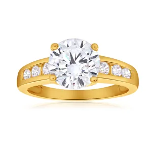 Zirconia Ring wtih 6 Channel Set Side Zirconias in 9ct Yellow Gold